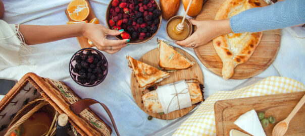 Picnic,Set,With,Fruit,,Cheese,,Toast,,Honey,,Wine,With,A