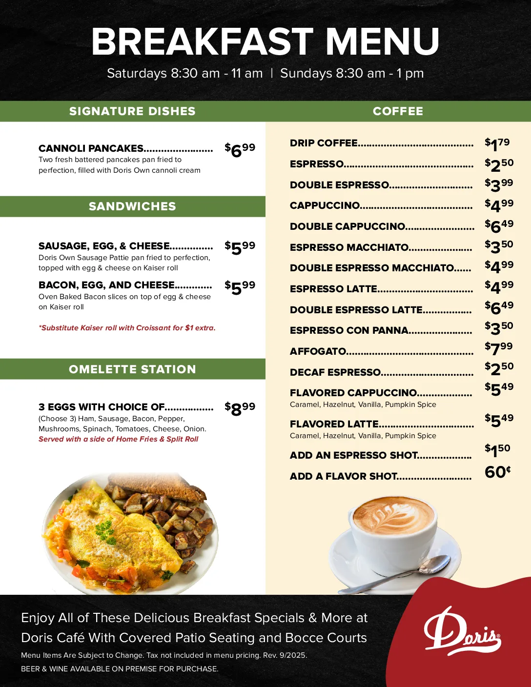DORIS BREAKFAST MENU Flyer 2025